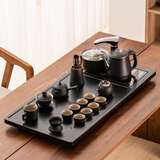 瓷牌茗茶具功夫茶具茶盘实木家用整套四合一电热炉茶台茶托盘排水式仿乌金石 黑陶海浪侧把+黑流窗4合1炉