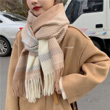 库班猪格子围巾女秋冬季学生韩版百搭加厚披肩两用毛线网红保暖可爱围脖 杏色文艺格加厚款