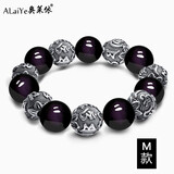 奥莱依 天然黑曜石配足泰银貔貅手链复古六字真言珠串本命年虎男非故宫 M款14MM六字银珠配14MM黑曜石
