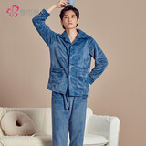 都市丽人家居服男女加厚珊瑚绒简约开襟长袖法兰绒睡衣情侣套装4H1103