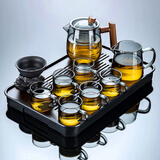 正扬玻璃功夫茶具套装家用整套耐热透明贴花办公泡茶壶茶杯木手柄高档 10头(正圆尊)烟-把杯+长胡黑