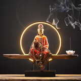 炼器 新中式紫砂创意佛像摆件 客厅玄关禅意倒流香装饰品工艺品 室内博古架办公桌面陶瓷摆设 静瓶观音-窑变红（配灯圈底座）