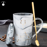 布丁瓷艺 大理石纹北欧ins陶瓷杯子男女情侣水杯星座马克杯带盖勺咖啡杯 双鱼座-普通包装