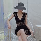 柯帛（KEBO）连体泳衣女 黑色蕾丝钢托聚拢性感遮肚显瘦平角裙式度假温泉泳衣 2067-黑色 M（85-102斤）
