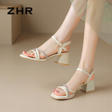 ZHR粗跟凉鞋女夏优雅水钻一字细带女鞋百搭方头鞋子女 JF15 米色 35 