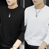宾色2件装100%全棉长袖t恤男春秋圆领纯色潮流重磅体恤上衣纯棉打底衫 01-黑色+白色 XL【适合130-150斤】