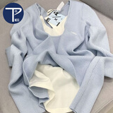 PMOG纯欲甜辣假两件长袖针织衫女秋冬季修身显瘦设计感小众打底衫上衣 蓝色 M 86-105斤