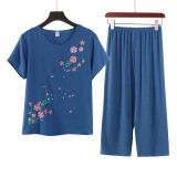 夏季中老年人棉麻短袖套装宽松大码上衣妈妈装两件套t恤夏装女装 花开富贵-宝蓝色 3XL 【120-135斤】