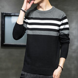 毛衣男加绒加厚秋季薄款针织衫男款潮流修身圆领套头毛衫个性贴皮设计 黑色040加绒 L
