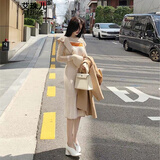 艾珠儿 连衣裙秋冬季新款初恋减龄可爱针织连衣裙过膝毛衣连衣裙秋冬女 杏色长款 均码