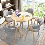 圣森源 洽谈桌椅组合休闲小圆桌椅简约休闲接待会客店铺咖啡奶茶店桌椅 原木色桌子 浅灰色布椅 90cm 一桌四椅（4脚）