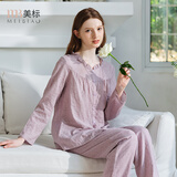 美标长袖纯棉睡衣套装女春秋新款双层棉纱软棉棉睡衣外穿全棉家居服夏 灰紫（双层棉纱） M (160/84A)
