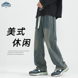 顶峰保罗（Dingfengbaoluo）美式高街牛仔裤男秋季小众休闲复古宽松直筒阔腿裤9328蓝色L