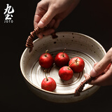 九土日式复古粗陶餐盘大容量深盘手工编织把手陶瓷菜盘汤盆圆形水果盘子日式圆盘创意家用 大號