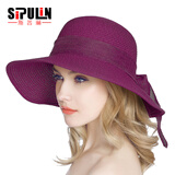 斯普琳遮阳帽女夏季防晒帽草编可折叠百搭潮凉帽沙滩时尚太阳帽子女夏天 酒红-紫红 9CM帽檐款
