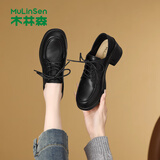 木林森乐福鞋女气质百搭妈妈鞋通勤系带小皮鞋女士单鞋 黑 37 