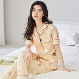 猫人（MiiOW）睡衣女士夏季纯棉开衫短袖长裤薄款甜美夏天全棉家居服套装可外穿 1528米色 L (建议100-120斤)