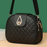 酷奇袋鼠真皮质感2023七夕女士单肩斜挎迷你小包包时尚菱格女包三层小圆包 黑色绣线水滴锁