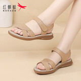 红蜻蜓女鞋凉鞋女妈妈凉鞋夏季一字带透气真皮外穿防滑软底中老年拖鞋 杏色 39