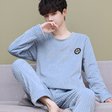 好得西加厚加绒睡衣男士法兰绒秋冬套头套装男珊瑚绒家居服加大码可外穿 W-竖条套头3301浅蓝-绒男 XL (125~145斤)