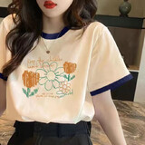 欧洛黛短袖t恤女2025夏季新款宽松百搭显瘦时尚休闲体恤女上衣女士短袖 [奶油色] 太阳花 M