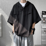 胖鸽夏季男装连帽短袖t恤男大码七分袖薄款卫衣男款夏装运动上衣服潮 黑色 4XL 建议175-210斤