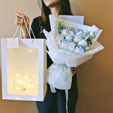 微蜜碎冰蓝玫瑰花束成品黑骑士仿真香皂花生日女生闺蜜七夕情人节礼物 成品11朵碎冰蓝+手袋+灯