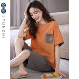 允织纯棉睡衣女夏季短袖短裤套头薄款七分裤夏天全棉女士家居服套装 28773-麦橙 XL (170) ：建议120-140斤穿着