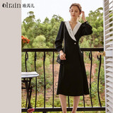 Olrain欧芮儿赫本风连衣裙女秋冬收腰显瘦法式复古拼色翻领长裙 黑色 XL 170/92A