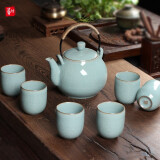 灵青坊青瓷大容量功夫茶具套装家用客厅沏茶壶陶瓷整套提梁壶大号泡茶壶茶杯礼盒装复古哥窑冰裂纹凉茶凉水壶 哥窑粉青套装（一壶六杯）