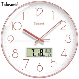 天王星（Telesonic）挂钟客厅万年历钟表3D立体创意双日历温度时钟简约石英钟薄边挂表 玫瑰金30CM日历款