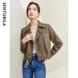 尚都比拉秋季经典复古百搭翻领金属拉链外套女宽松显瘦皮衣 咖色 L 