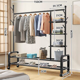 杰妃 简易衣帽架落地室内挂衣架卧室衣服收纳架子家用晒衣架宿舍凉衣杆 ?荣耀加长多层置物款-150cm-黑?带轮子