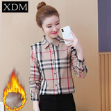 熊迪明纯棉加绒加厚保暖格子衬衫女秋冬装英伦风修身衬衣打底衫长袖上衣 CY661 卡其色加绒 XL建议115-130斤