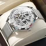 冠琴（GUANQIN）手表男士机械表雕花系列全自动镂空夜光防水商务瑞士品质国潮腕表 网带银色白面