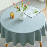 百菲桌布防水防油免洗北欧纯色仿棉麻圆形大圆桌餐桌垫布艺书桌茶几布 灰蓝-蕾丝边（防水防油） 圆桌布直径120cm