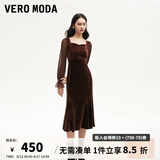 VEROMODA连衣裙2024秋季女装新款天鹅绒拼接网纱鱼尾长裙钻石领东方简奢风 纱袖丝绒裙-苛热棕色 M