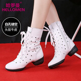 哈罗曼（hellomen）全皮广场舞鞋女加绒女式跳舞鞋软底增高现代舞鞋高帮水兵舞蹈靴女 G8125白色镂空 39