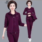 慕姝中老年女装秋装运动服套装中年人休闲大码外套妈妈装秋装品婆婆装 葡萄紫【上衣+长袖T恤+裤子】 XL建议105-118斤左右
