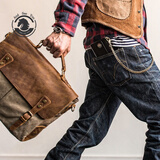 ANDSEEYOU品牌 单肩包男包 复古邮差包 时尚大容量斜挎包 手提包男 帆布包拼接疯马皮电脑包 橄榄绿