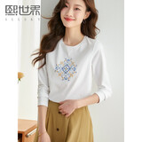 熙世界长袖T恤女2025春季新款民族风复古刺绣百搭宽松圆领体恤衫 珍珠白 L