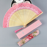 睿爸汉服古风扇子女式古典折扇中国风复古折叠扇随身便携流苏小扇夏季 粉红色