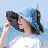 云见森知 遮阳帽子女夏天韩版大沿黑胶太阳帽沙滩防晒帽可折叠凉帽大檐 蓝色