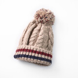 珊诗丽帽子女士秋冬韩版条纹毛线帽加厚加绒球球套头帽户外麻花纹针织帽 米色 M（56-58cm）