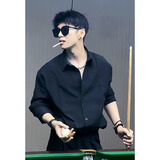 迪伽达长袖衬衫男士春秋夏季新款潮流宽松休闲方领衬衣西装慵懒风上衣服 CSP-C976黑色 XL