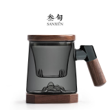 叁旬 日式玻璃远山水杯加厚耐热办公室泡茶杯茶水分离个人专用喝茶杯 远山(青纯)茶杯【胡桃木带杯垫】