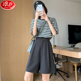 浪莎西装短裤女夏季薄款宽松阔腿裤高腰a字显瘦直筒休闲五分中裤子潮 灰色 XL 建议110斤-120斤