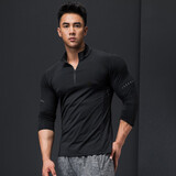 撸铁狗健身服速干衣男秋冬长袖弹力透气吸汗运动休闲T恤立领打底健美衣 黑色 M/165-170