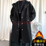 洛夫伦春季新款大衣风衣男中长款大码宽松休闲潮流男装过膝大衣连帽外套 黑色加厚加棉 3XL （适合175-210斤）