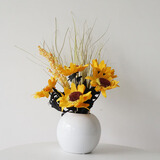 LmDec.花瓶带仿真花套装摆件绿植盆栽迷你花瓶陶瓷假花电视柜搁板装饰品 白色小花瓶加向日葵